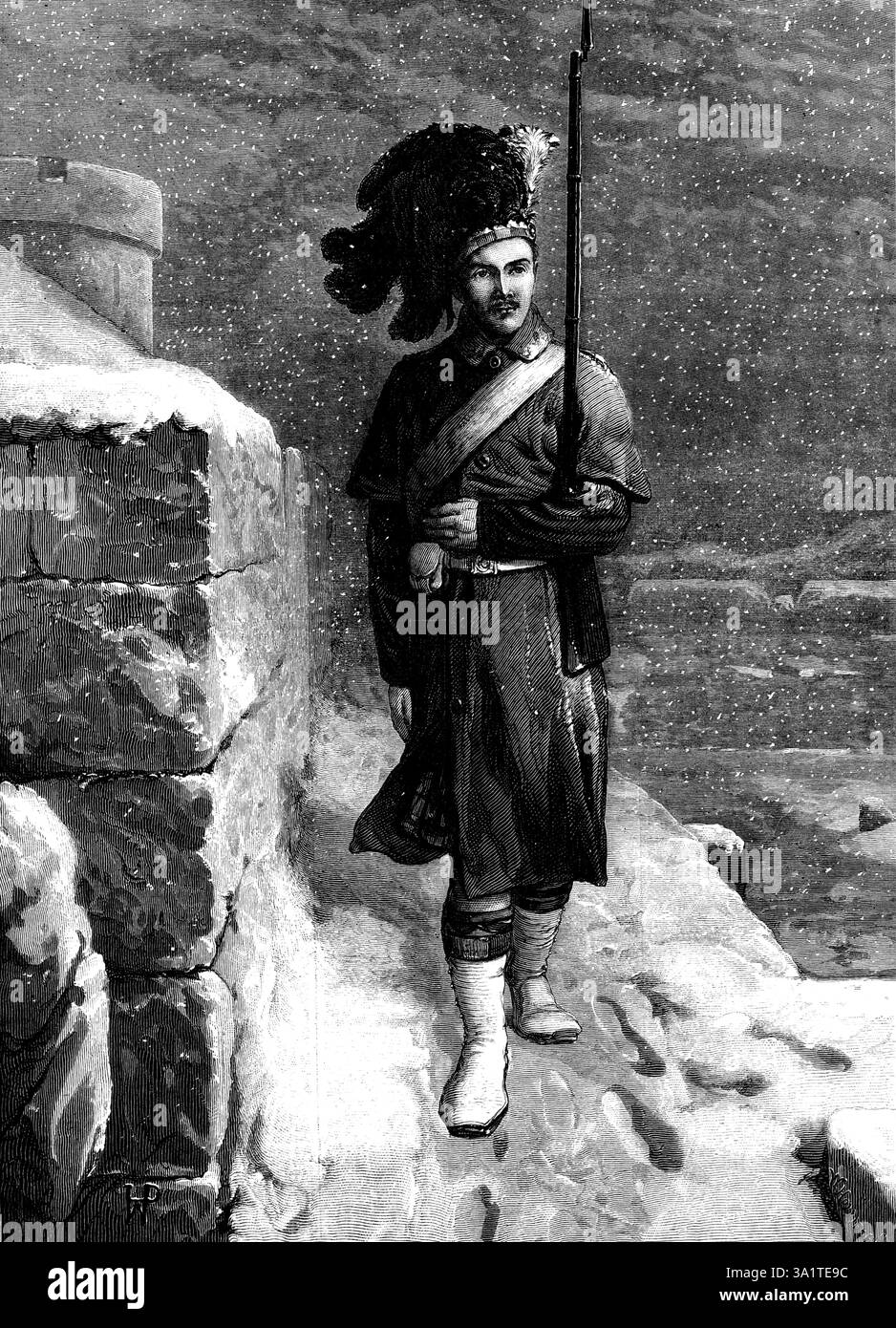 The Christmas Watch - disegnato da H. Petherick, 1873. "Poche persone, che hanno la loro libera scelta, vorrebbero in questa notte dell'anno essere al posto della sentinella Highland di Mr. Petherick, che calpesta gli alti bastioni di una fortezza nel nord del paese, con i fiocchi di neve che girano vertiginosamente davanti ai suoi occhi, e con freddi colpi di vento ora e poi tagliargli la carne sotto il kilt... è abbastanza certo che Donald, o qualunque sia il suo nome, si accontenta di essere in guardia e in servizio; il vento acuto e la neve fitta sono i suoi vecchi compagni di gioco, fin dai primi anni di un'infanzia robusta... la e Foto Stock