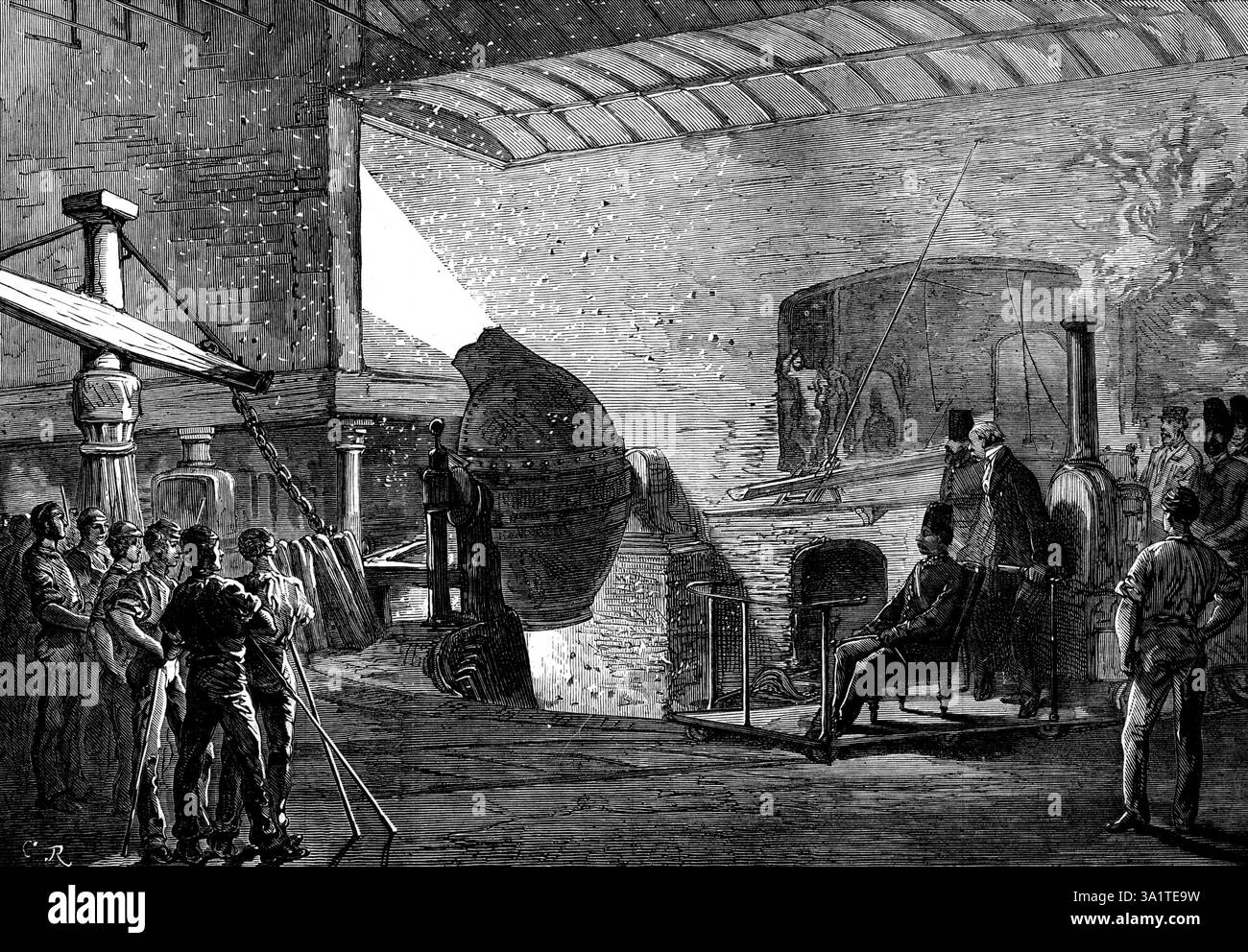 The Shah alla Crewe Locomotive-Engine Factory: The Bessemer Process, 1873. Lo scià di Persia ha un tour della fabbrica. Una cosa che ha attirato la sua attenzione è stata la conversione della ghisa in acciaio Bessemer. La cupola è stata colpita, e il metallo fluido versato lungo un canale di sabbia nel recipiente di conversione. Questo fu alzato, e iniziò il "soffio", con il risultato visibile di una fiamma bianca feroce e bella che scorre in una furiosa raffica di vento dalla sua bocca. Dopo aver guardato i motori che forzano il loro enorme sforzo attraverso il metallo fuso, sua Maestà passò al Foto Stock