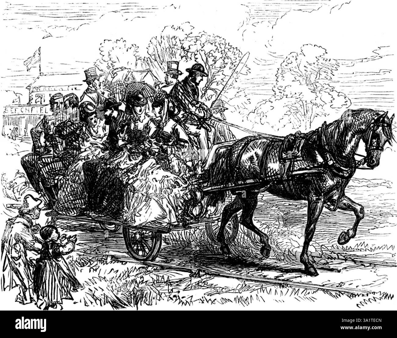 La campagna autunnale su Dartmoor: Tram car dalla roccia alla 1st Division, 1873. L'esercito britannico sulle manovre nel Devon. "Gli schizzi si riferiscono a una serie di incidenti di campagna elettorale; qualsiasi cosa inusuale o inaspettata, per quanto banale possa essere, che rompe la vita di routine dei soldati nel campo in un giorno di inattività attirerà sicuramente una folla di spettatori dai ranghi e dalla comunita' del quartiere in generale... il tram, carico di passeggeri, che corre tra The Rock e gli ultimi quartieri della First Division a Yannadon Down". Da "Illustrated London News", Foto Stock