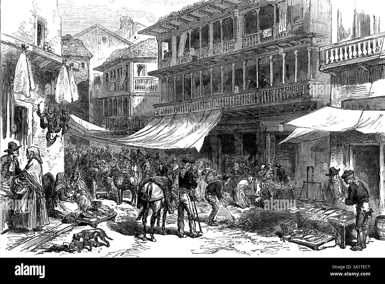 Bozzetti in Spagna: Mercato del pesce, Granada, 1873. Veduta di "...il mercato del pesce, dove tali generi di cibo vengono venduti e acquistati con un denaro di reali (un vero è una grotta, vale due volte - mezzo centesimo) e monete più piccole di rame, sia circolari che quadrate; c'è anche un pezzo d'argento, la peseta, tra un franco e uno scellino, e c'è il famoso dollaro spagnolo". Da "Illustrated London News", 1873. Foto Stock