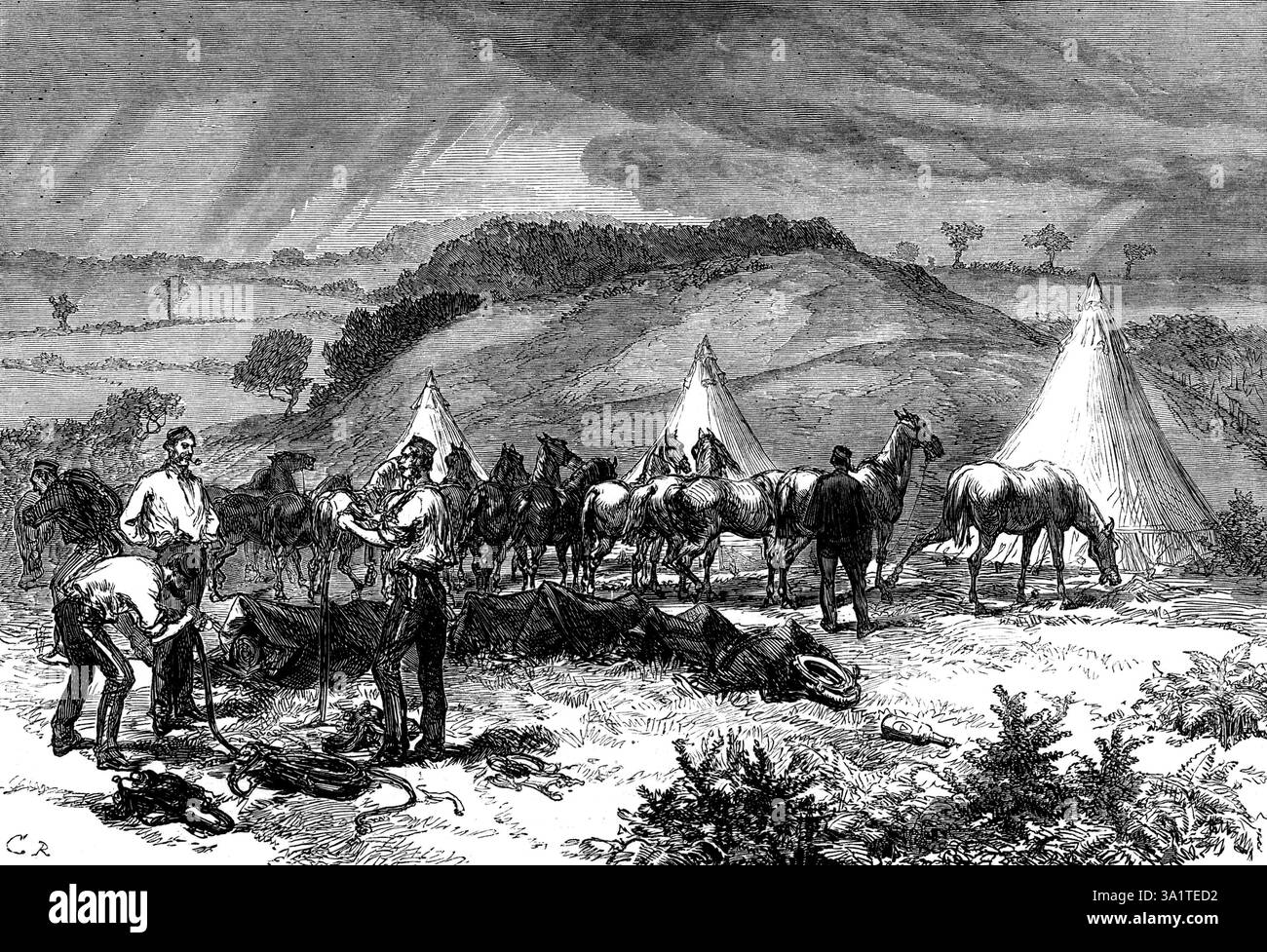 Manovre Cannock Chase: Camp of the Royal Engineers, Oak Edge Park, 1873. L'esercito britannico nello Staffordshire. Una scena nel campo dei Royal Engineers a Oak Edge Hill. Gli uomini sembrano pulire l'imbracatura del cavallo del treno dell'ingegnere, che ha avuto molto lavoro faticoso da fare nel tardo tempo umido." Da "Illustrated London News", 1873. Foto Stock