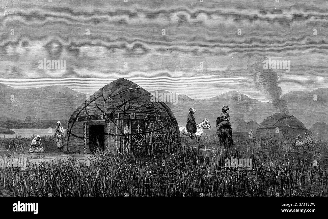 "A Khirgese Camp", dalle immagini di Wereschagin dell'Asia centrale, al Crystal Palace, 1873. Incisione di un dipinto. 'Basil Wereschagin, l'artista russo le cui immagini di paesaggi e costumi in Asia centrale sono state recentemente esposte al Palazzo di cristallo, è nato nel 1842... Dopo aver vinto la medaglia d'argento...[presso] l'Accademia di Belle Arti di San Pietroburgo... accettò volentieri la gentile offerta del governatore del Turkistan, generale Kaufmann... di visitare l'Asia centrale..."è solo dopo aver esaminato gli studi di M. Wereschagin che possiamo apprezzare il valore delle sue immagini come documentazione Foto Stock