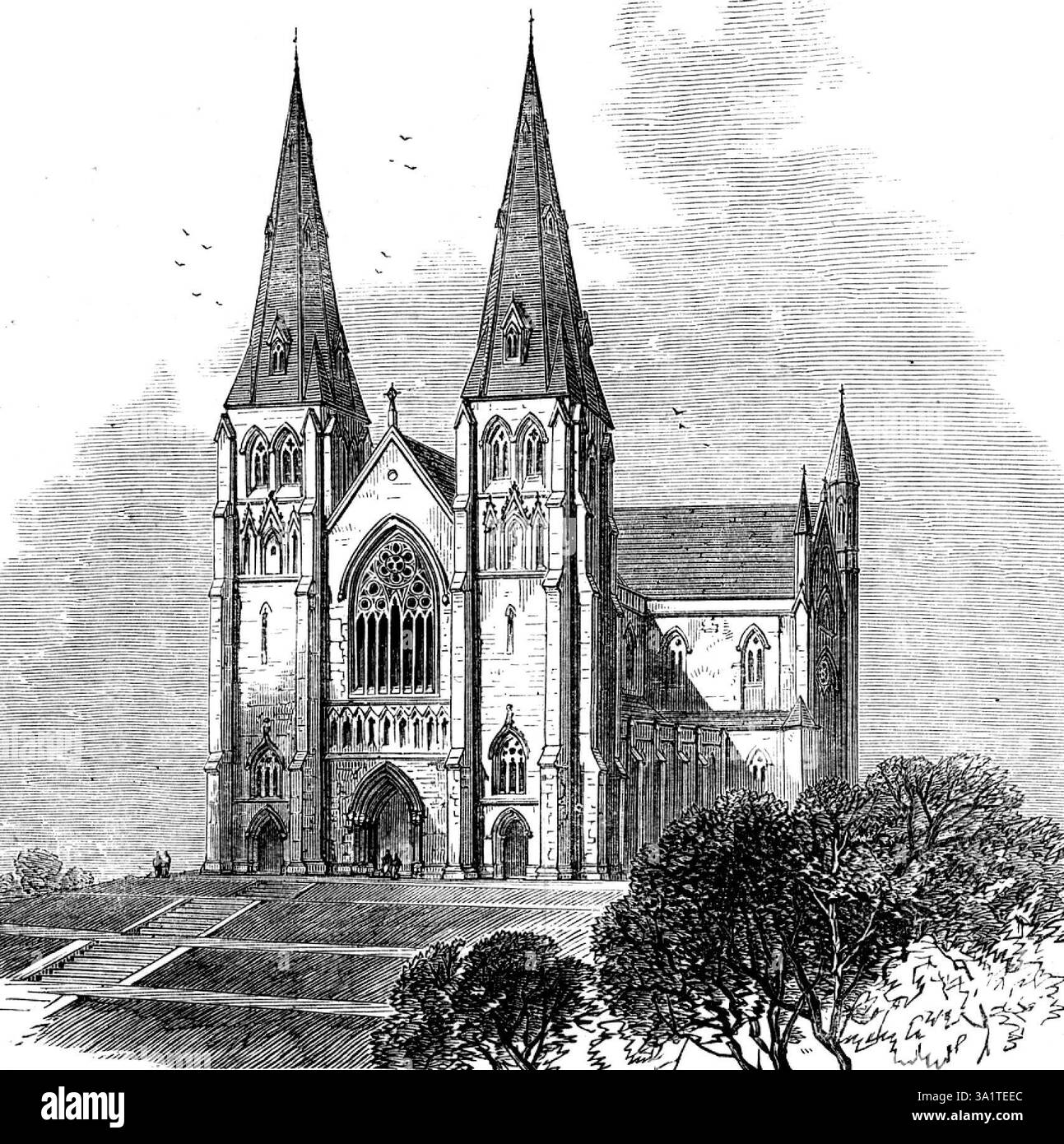 La nuova cattedrale cattolica romana di Armagh, [Irlanda], 1873. Veduta di '...la cattedrale nazionale irlandese di San Patrizio... la prima pietra fu posata il giorno di San Patrizio, nel 1840... l'architetto del progetto originale fu il defunto signor Duff, di Newry; ma nel 1854, dopo sette anni di interruzione del lavoro, fu intrusted al signor J. J. M'Carthy, R. H. A., di Dublino, professore di architettura all'Università Cattolica. Ha adottato un corso audace nel cambiare lo stile dell'architettura. Finora è riuscito a fare in modo che nessuna differenza materiale sarebbe stata osservabile solo da un occhio professionale Foto Stock