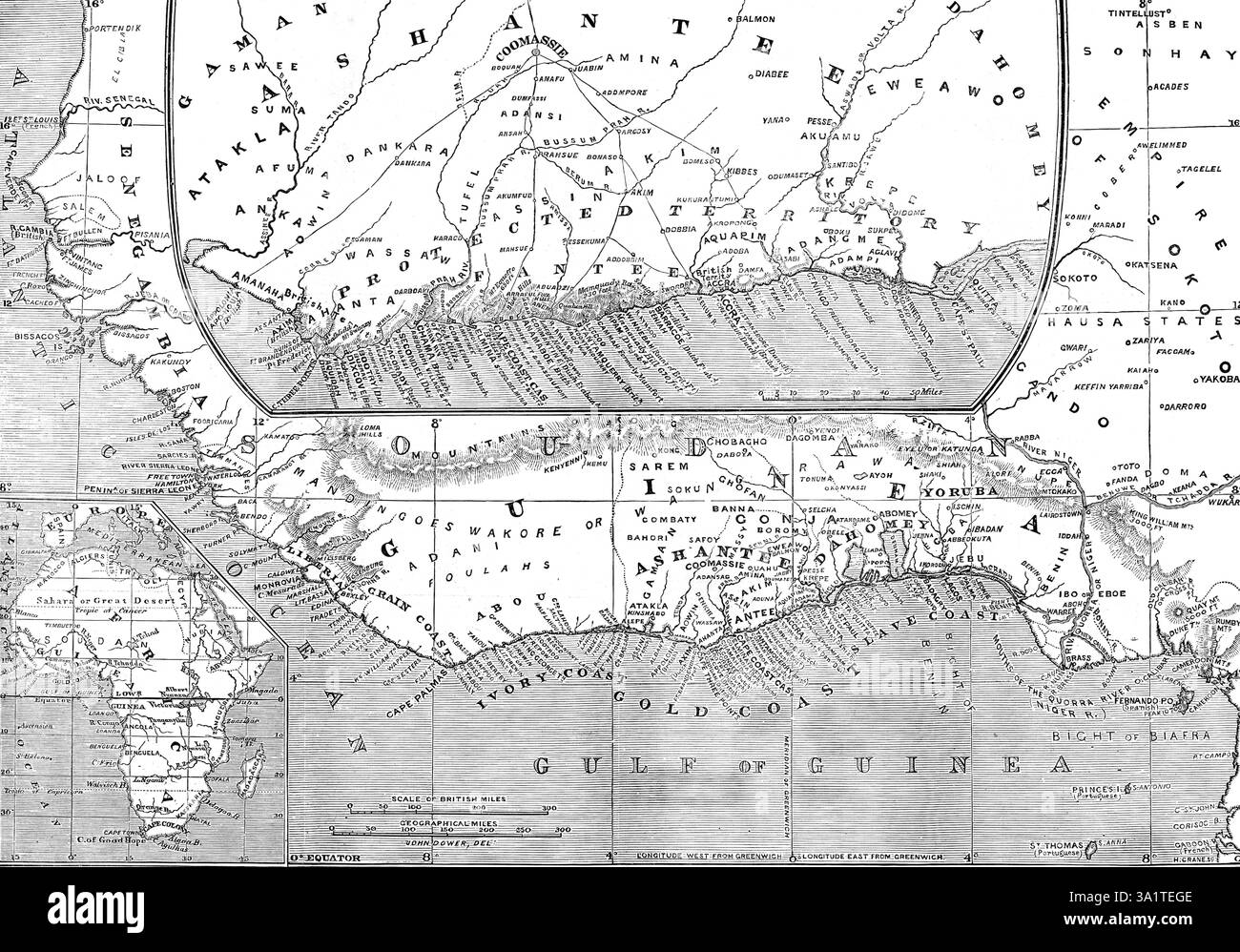 Mappe dell'Africa, dell'alta Guinea e della Costa d'Oro, che mostrano il sito della Guerra di garanzia, 1873. "Il nome di Guinea si applica a tutto quel vasto angolo della costa occidentale... formato dalla forma generale dell'intero continente... l'alta Guinea inizia dalla Sierra Leone e si estende fino al fiume Gaboon... comprende quindi la parte interna del grande angolo formato dalla costa dell'Africa occidentale; questa parte è la Baia del Biafra, segnata dall'isola di Fernando po, di fronte al fiume Camerun e alle montagne della terraferma. L'alta costa della Guinea, tra la Sierra Leone e il Camerun, si estende da Foto Stock