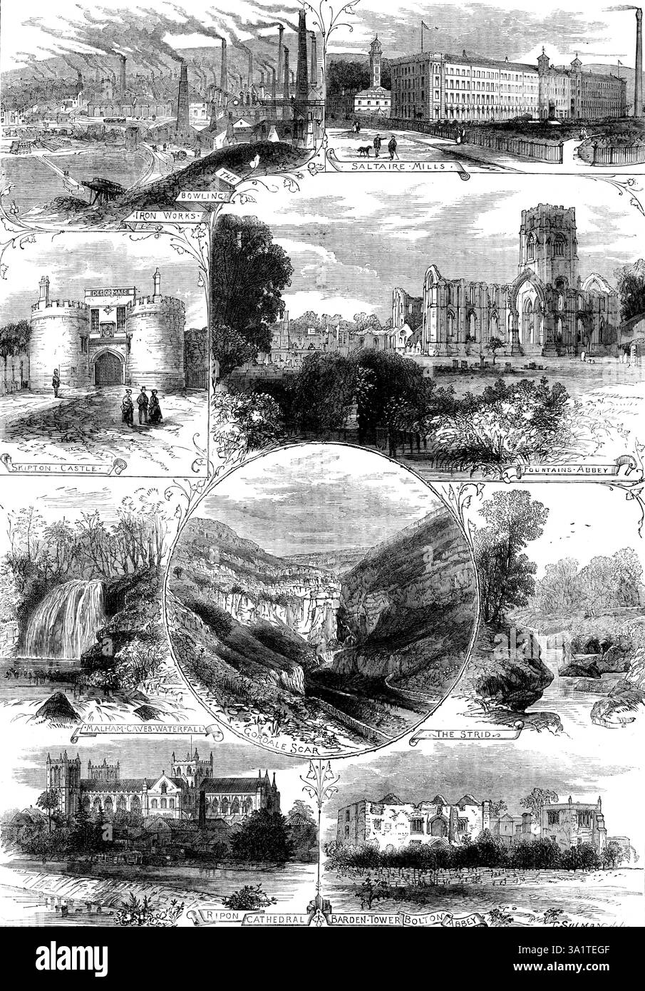 Luoghi vicino a Bradford visitati dalla British Association, 1873. "La Bowling Iron Works si trova vicino alla città...Saltaire, un villaggio o una città costruito in connessione con una grande fabbrica, fondata da Sir Titus Salt...Skipton...ha i resti di un vecchio castello feudale...costruito durante il regno di Enrico VIII..la cattedrale di Ripon...è stata parzialmente ricostruita tra il 1454 e il 1604; un restauro è stato effettuato da Sir Gilbert Scott dieci anni fa. È un bell'esempio di architettura ecclesiastica inglese. Le bellissime rovine dell'Abbazia di Fountains... sono a tre chilometri circa da [Ripon]. L'abbazia fu fondata nel 1334...it BE Foto Stock