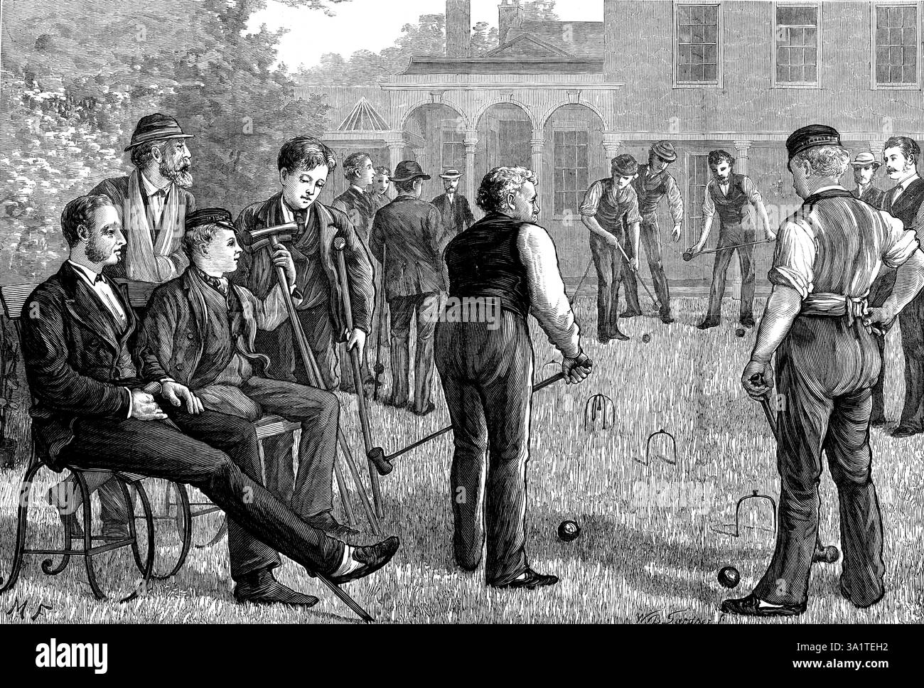 Croquet presso la Convalescent Home del St. Bartholomew's Hospital, Highgate, [nord di Londra], 1873. "Cromwell House... ha un giardino con un ampio prato, comodo per il gioco del croquet. Quel passatempo preferito delle signore non è inadatto alla ricreazione all'aria aperta di uomini che hanno perso forza per lungo tempo confinati in un letto malato. La scena mostra un gruppo di pazienti convalescenti, con due o tre funzionari dell'istituto, che giocano sul green con un godimento tranquillo del loro sport sociale che è piacevole da vedere...possiamo sperare che nessuno di questi poveri compagni, anche se uno o due Foto Stock