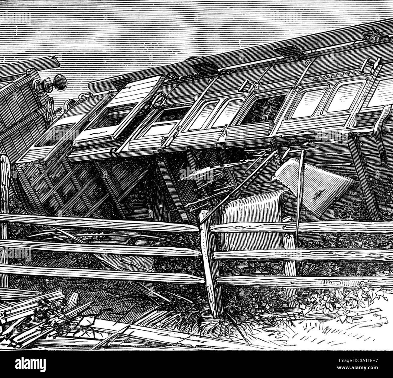 Il disastro ferroviario vicino a Guildford: Relitto di una carrozza di seconda classe, 1873. '...il treno espresso sulla South-Western Railway da Portsmouth a Londra... correva contro un bullock, che... era salito sulla linea... tutte le carrozze sono state gettate fuori dai binari. Alcuni sono stati rovesciati su un argine e sono stati schiacciati a pezzi. Tre persone... sono state uccise all'istante, e molte altre sono rimaste ferite... la distruzione è stata terribilmente completa in due carrozze - una carrozza per fumatori di prima classe, e una carrozza di seconda classe, la terza dal motore. I relitti di queste due carrozze, dato che non si trovano lo Foto Stock