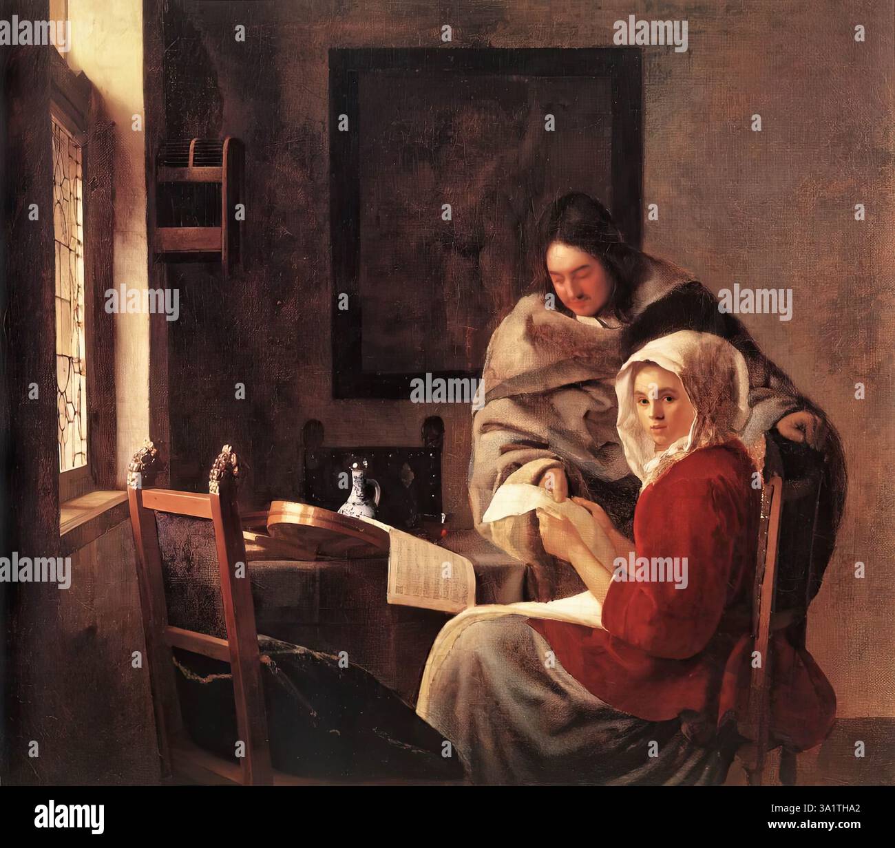 VERMEER VAN DELFT, Jan (1632, Delft, d. 1675, Delft) Girl interrupted at Her Music 1660-61 Oil on Canvas, 39,4 x 44,5 cm Frick Collection, New York Signature: Not signed. Provenienza: Questo dipinto apparve per la prima volta in una vendita ad Amsterdam nel 1810 con l'attribuzione a Jan Vermeer van Delft. Successivamente, con altre due vendite, la stessa città, nel 1811 e nel 1820. Fu poi venduto alla Christie's di Londra nel 1853, passò attraverso le mani della galleria d'arte Lawrie and Co., Londra, e infine della galleria d'arte Knoedler, New York, dalla quale fu infine acquisita da H. C. Frick nel 1901. OW Foto Stock