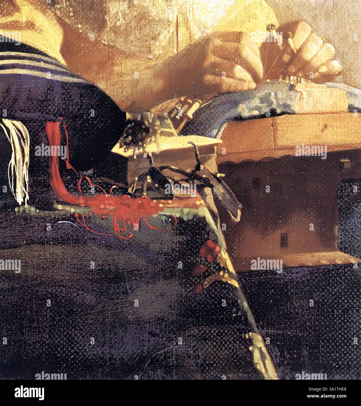 VERMEER VAN DELFT, Jan (B. 1632, Delft, d. 1675, Delft) The Lacemaker (Detail) 1669-70 olio su tela trasferito al pannello Musée du Louvre, Parigi in primo piano, vediamo il cuscino da cucire e i fili di colore diverso che cadono da esso. A causa dell'uso del dispositivo ottico già menzionato, abbiamo effetti di colorazione rosso e bianco che ci sembrano quasi brutali. --- parole chiave: --------------- Autore: VERMEER VAN DELFT, Jan titolo: The Lacemaker (Detail) linea temporale: 1651-1700 Scuola: Olandese forma: Pittura tipo: Genere Foto Stock