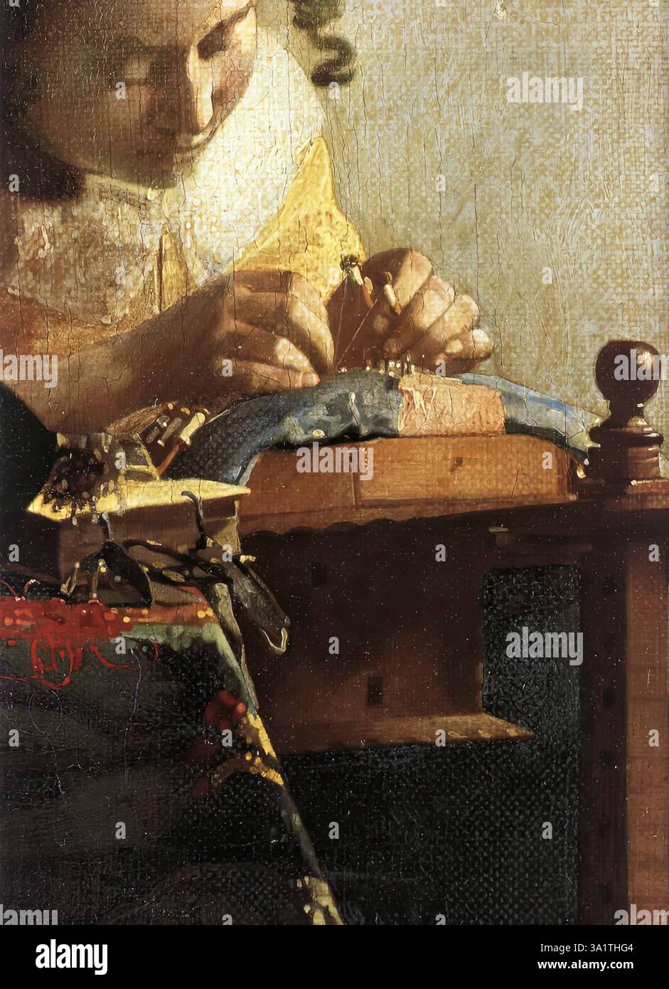 VERMEER VAN DELFT, Jan (B. 1632, Delft, d. 1675, Delft) The Lacemaker (Detail) 1669-70 olio su tela trasferito al Panel Musée du Louvre, Parigi questa piccola opera affascinante ci permette di assistere non solo all'intricata mestiere del merletto, ma anche all'applicazione della giovane donna al suo compito. Vermeer utilizzò nuovamente il telescopio Galilea invertito per proiettare l'atto e dividere la composizione in due parti principali. In primo piano, vediamo che il cuscino per cucire e i fili di colore diverso cadono fuori da esso. A causa dell'uso del dispositivo ottico a cui si è già fatto riferimento, abbiamo rosso e bianco Foto Stock