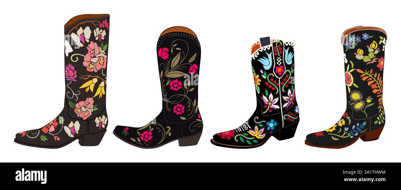 Stivali da cowboy vintage con ricami floreali Illustrazione Vettoriale