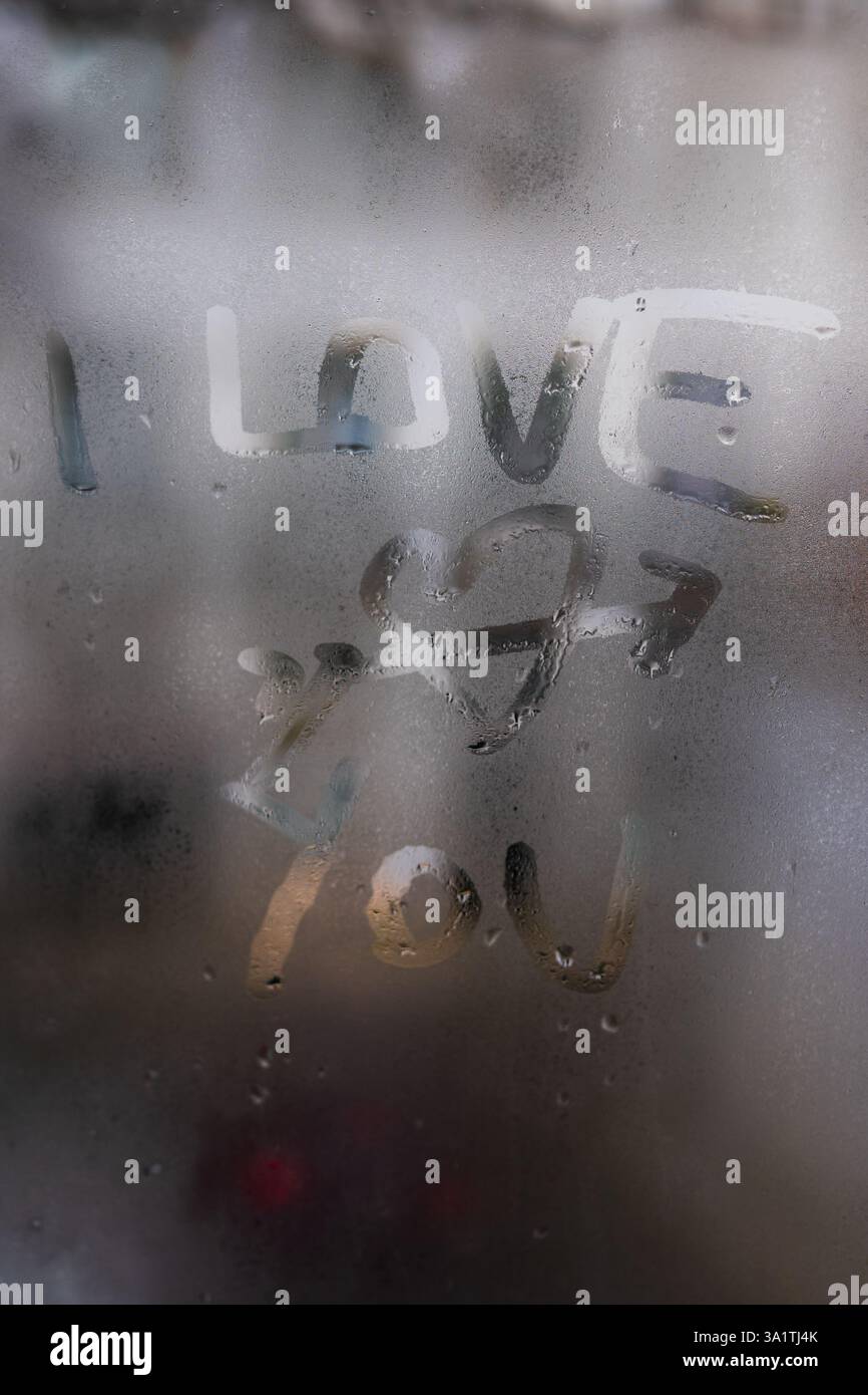 "Ti amo" scritto a mano su una finestra bagnata Foto Stock