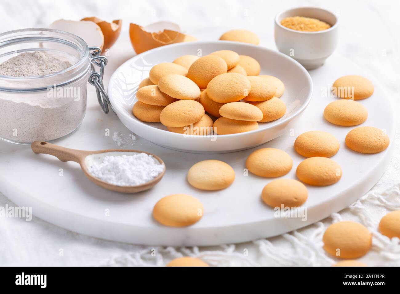 Piccoli biscotti alla spugna, biscotti al burro con ingredienti Foto Stock
