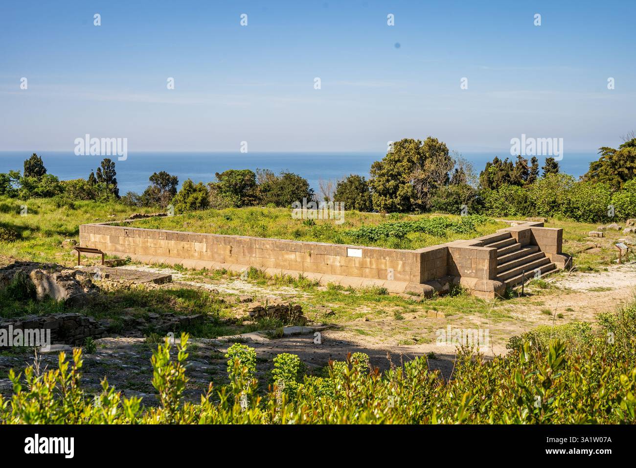 Resti di un tempio etrusco nell'Acropoli di Populonia, Parco Archeologico di Baratti e Populonia, provincia di Livorno, Toscana, Italia Foto Stock