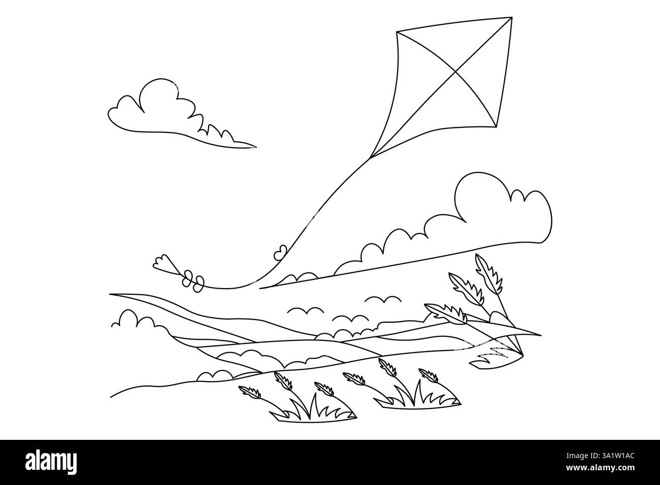 Kite volare nel cielo disegno continuo di una linea di forbici disegno vettoriale Illustrazione Vettoriale