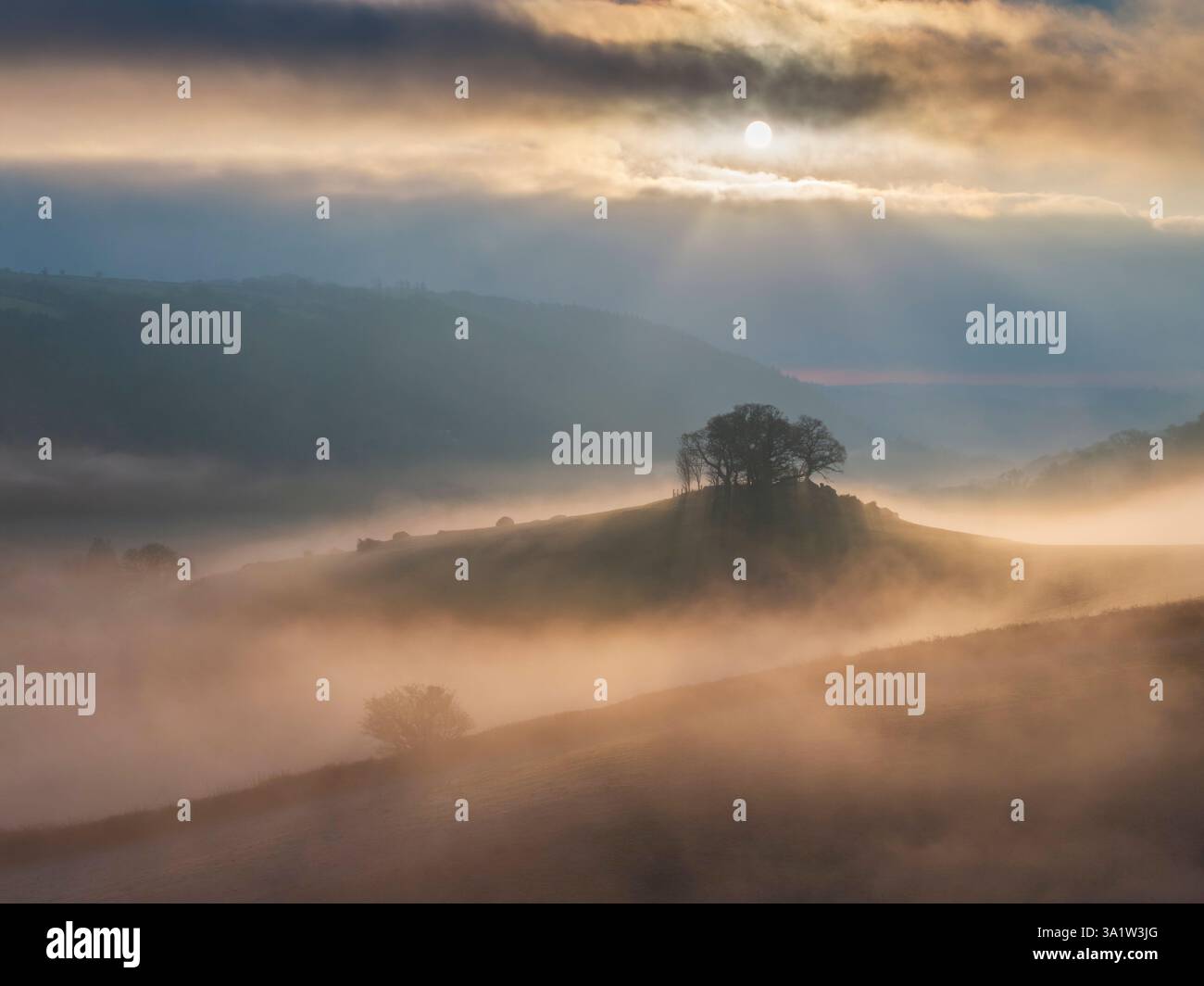 Misty Sunrise over Hartland Hill Rocks nel Dartmoor National Park, Devon, Inghilterra. Inverno (gennaio) 2025. Foto Stock
