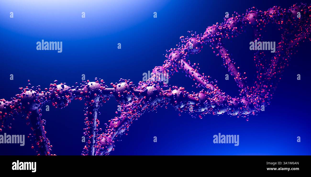Elica del DNA, visualizzazione genetica molecolare, struttura biologica luminosa, medicina futuristica, biotecnologia microscopica, ricerca scientifica, genomi Foto Stock
