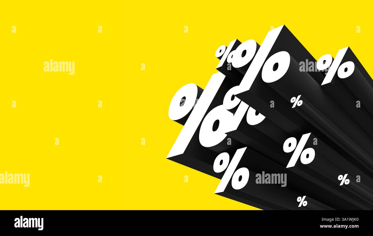 segno di percentuale lettere estruse 3d sfondo giallo copia spazio modello presentazione prezzo prezzo etichetta promozionale Foto Stock