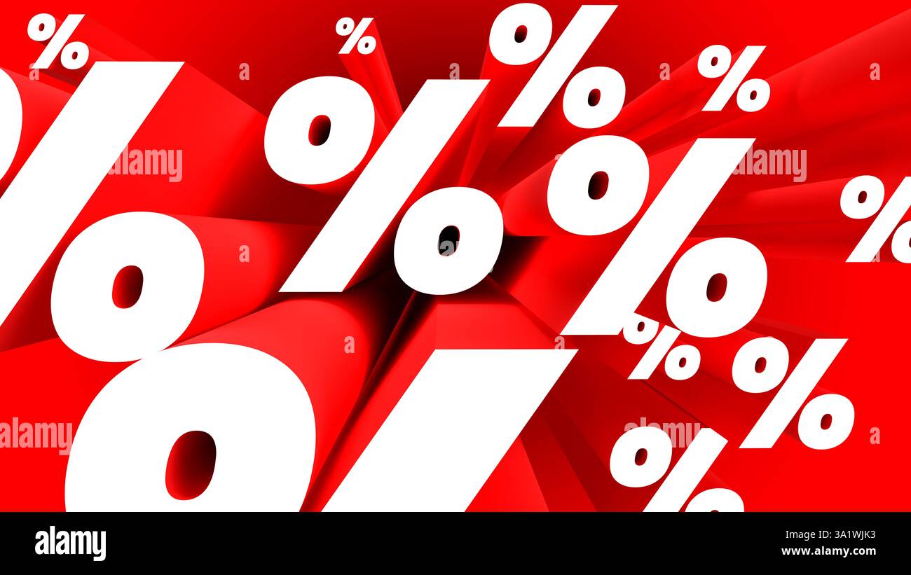 percentuale di riduzione del prezzo del banner promozionale per striscioni 3d in rosso con etichetta in percentuale estrusa Foto Stock