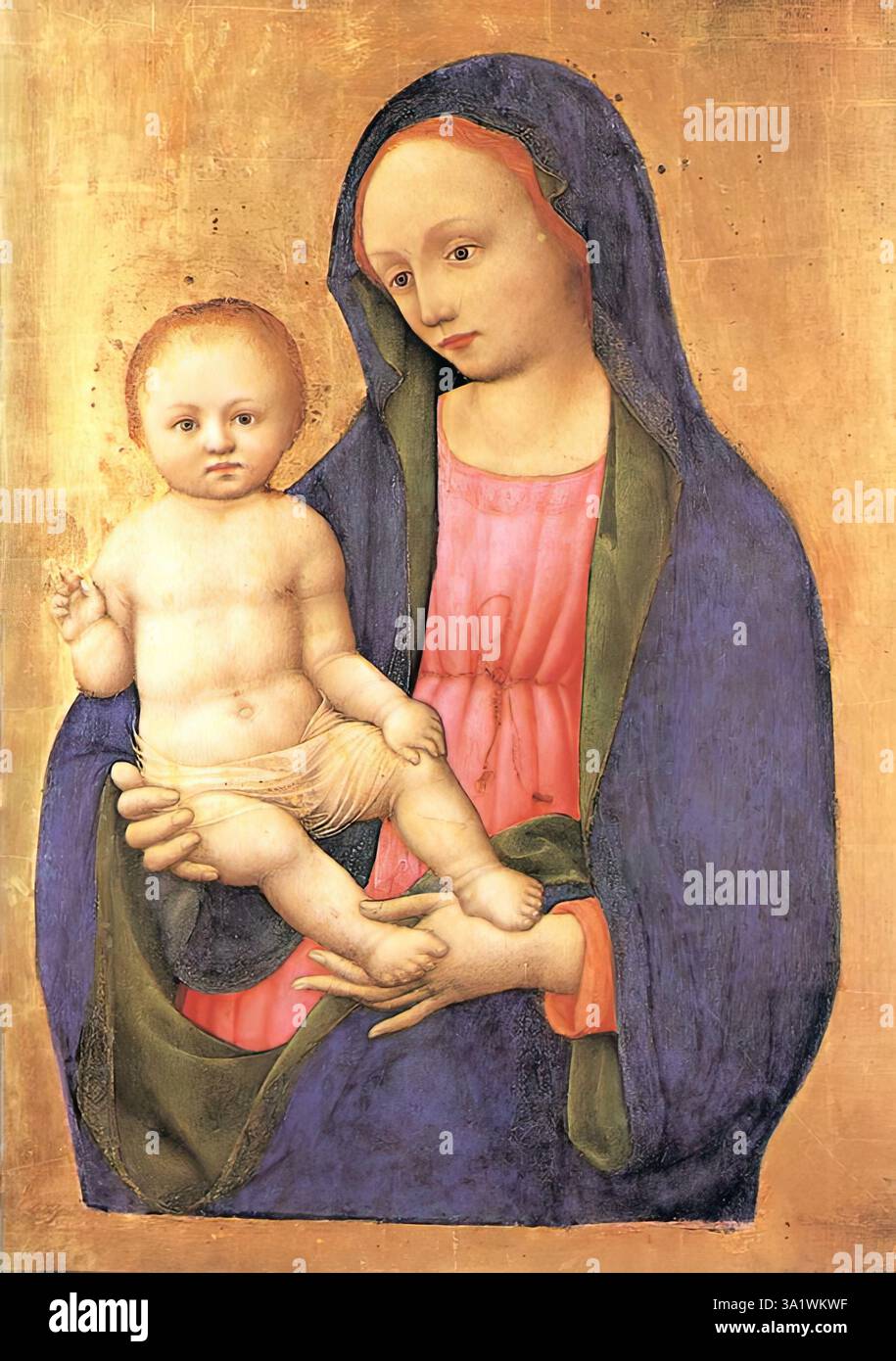 VIVARINI, Antonio (nato ca. 1415, Murano, d. 1476/84, Venezia) Vergine e bambino 1441 Tempera su tavola, 56 x 41 cm gallerie dell'Accademia, Venezia mentre a Padova e persino a Venezia stessa alcune delle figure principali della nuova arte toscana stavano lavorando alle leggi della prospettiva e nella convinzione della dignità consapevole dell'uomo come individuo, la pittura veneziana reagì alle suggestioni della nuova cultura quasi con riluttanza, filtrarli attraverso una visione che in sostanza era ancora gotica. Questo è il contesto del lavoro di Antonio Vivarini e Jacopo Bellini, entrambi fondatori di Foto Stock