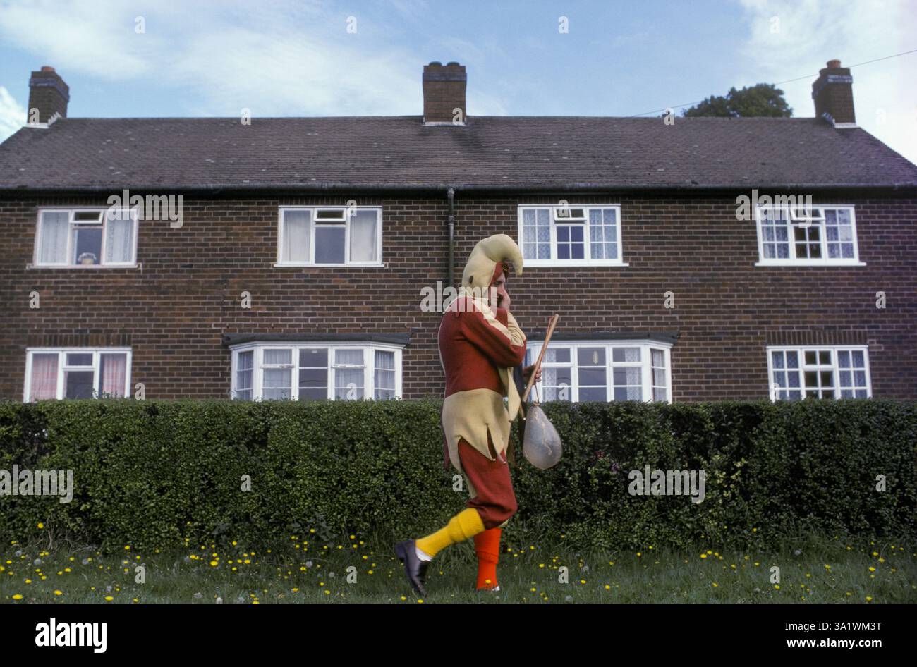 The Fool ha anche chiamato The Jester at the Abbots Bromley Horn Dance 1970s UK. Porta una vescica attaccata ad una corda e a un bastone corto, che rappresenta nel folklore inglese il Signore del malgoverno. Staffordshire. 4 settembre. Settembre si sveglia lunedì 1979 Inghilterra HOMER SYKES Foto Stock