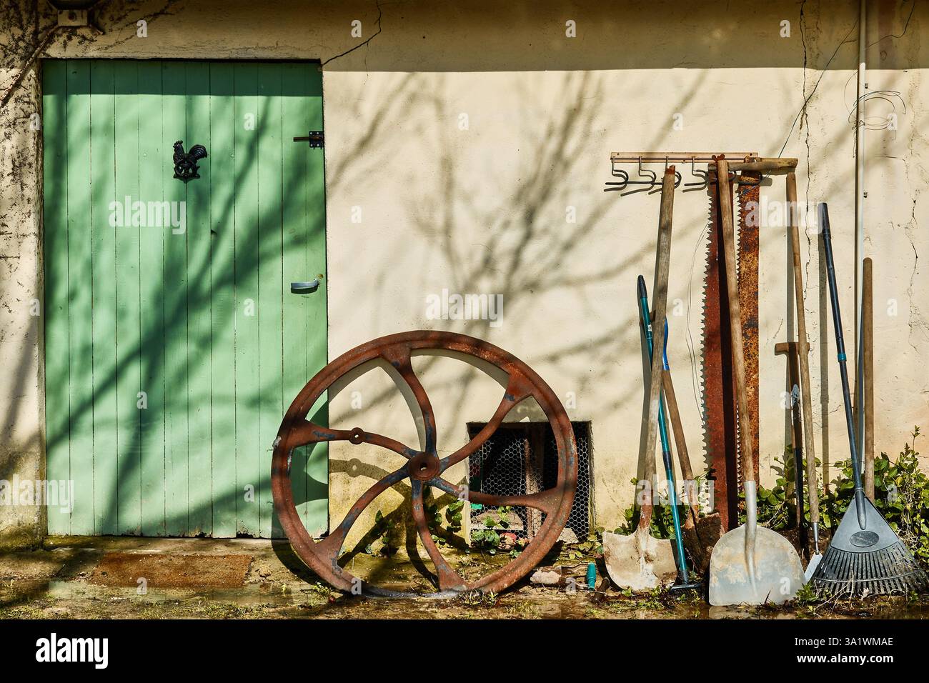 Scena rustica con attrezzi da giardinaggio e ruota antica accanto a una porta di legno verde Foto Stock