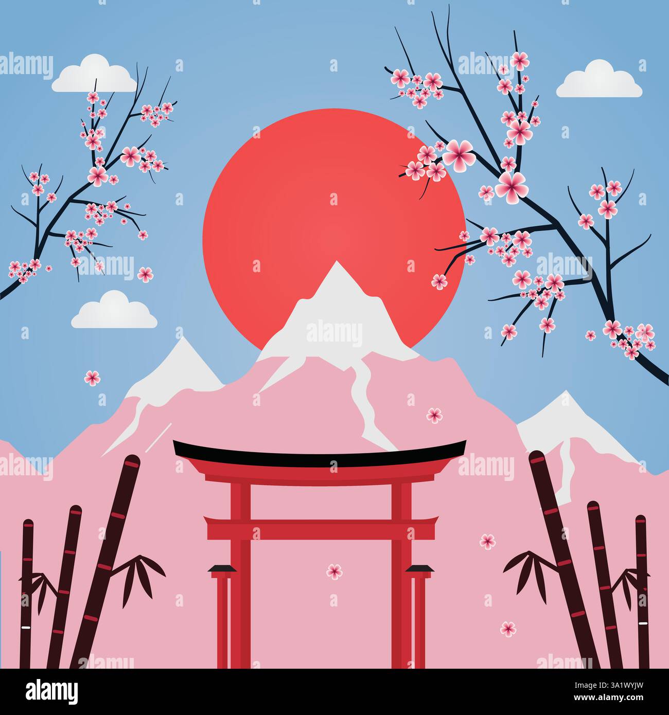 Una splendida illustrazione vettoriale che raffigura un tranquillo paesaggio giapponese con il Monte Fuji con cime innevate, una tradizionale porta rossa di Torii. Illustrazione Vettoriale
