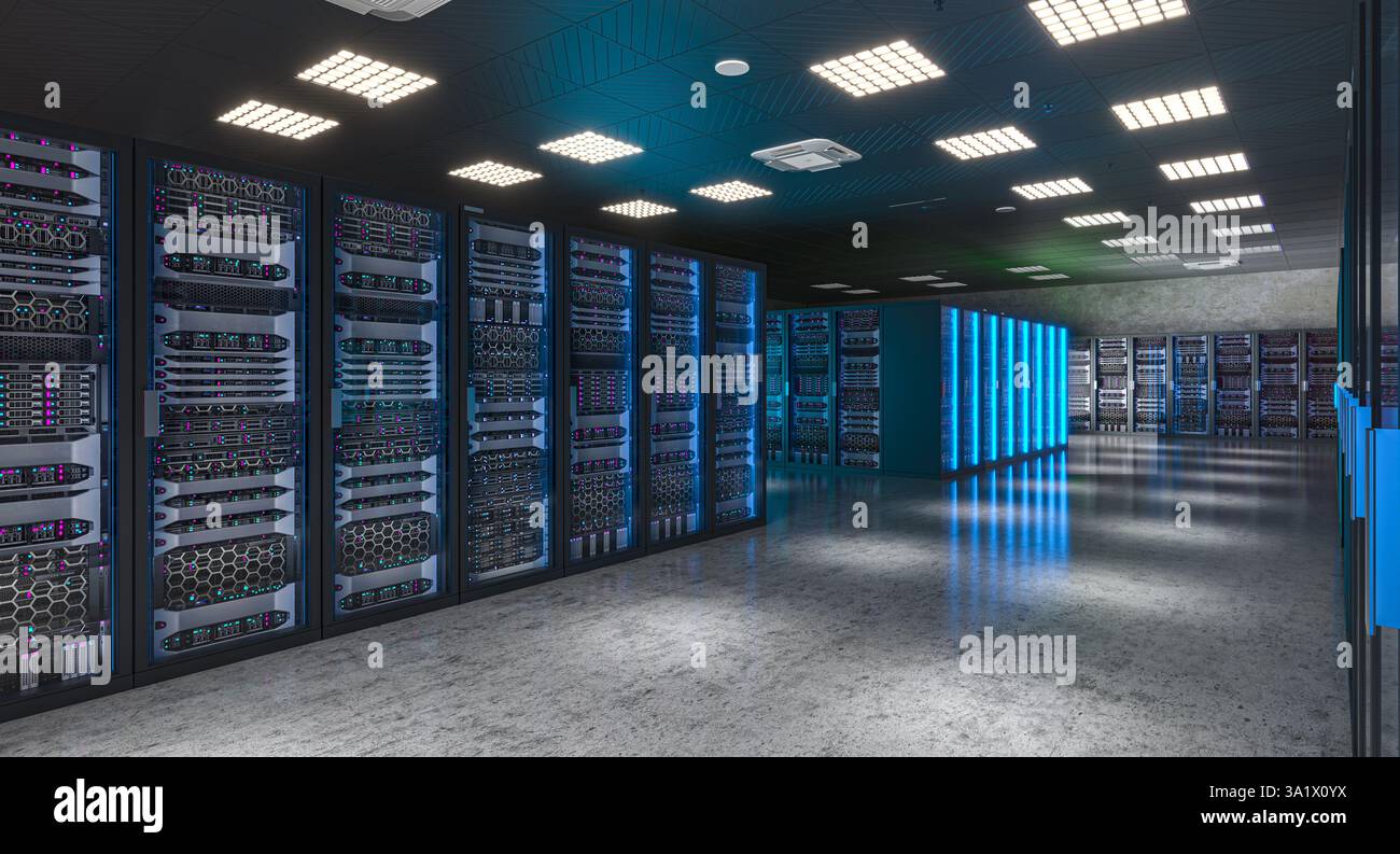 Sala server che ospita big data con illuminazione futuristica nel data center 3d. Foto Stock