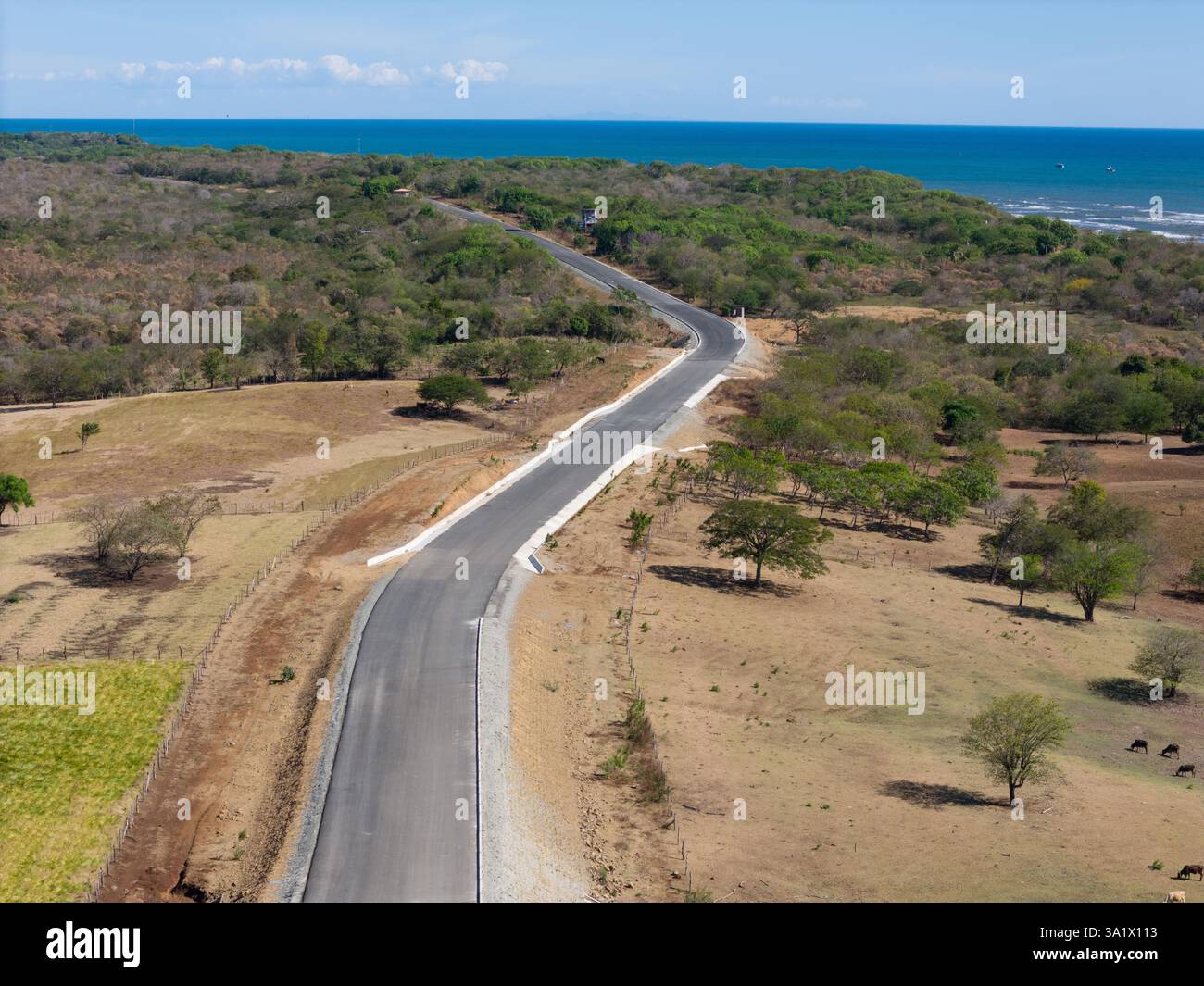 La strada tortuosa attraversa un terreno collinare e asciutto che conduce alla costa sotto cieli limpidi con vegetazione lussureggiante. Foto Stock