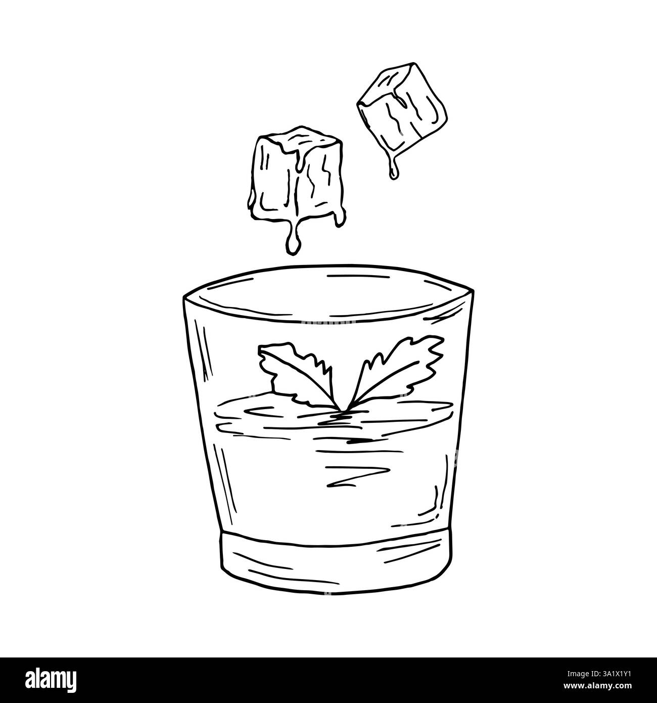 Una bevanda rinfrescante estiva in un bicchiere con ghiaccio e menta. Cocktail disintossicante, acqua di menta per una dieta sana. Illustrazione vettoriale in stile doodle, monocromatico. Illustrazione Vettoriale
