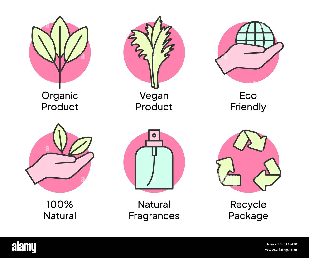 Icone cosmetiche di prodotti biologici, vegani, ecologici e naturali Illustrazione Vettoriale