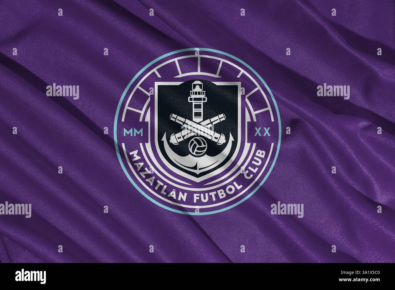 Pringsewu, lampung 10 marzo 2025; sfondo Mazatlan football club focus selettivo logo bandiera campionato MX, Messico. Illustrazione 3D. Foto Stock