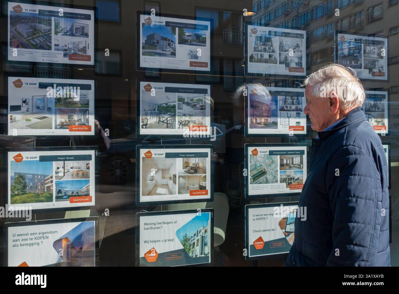 Uomo anziano che guarda i prezzi di appartamenti/appartamenti in vendita in vetrina di un'agenzia immobiliare sulla costa belga, Belgio Foto Stock