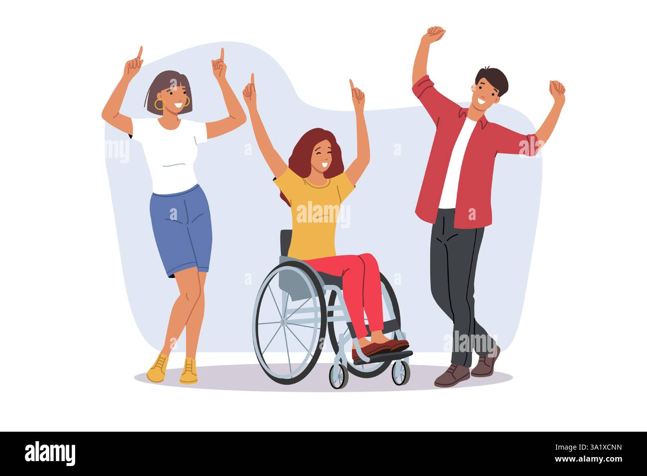 Una donna in sedia a rotelle balla con gli amici, conducendo uno stile di vita attivo nonostante le capacità limitate Illustrazione Vettoriale
