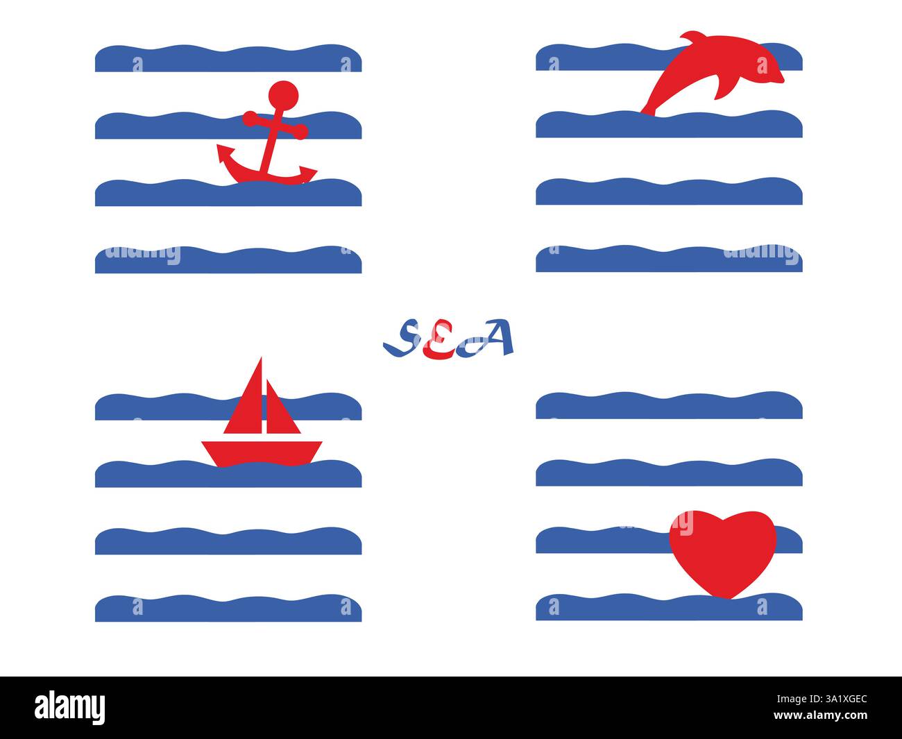 Navy in rosso e blu. Le onde del mare con ancora, delfino, barca a vela e cuore Illustrazione Vettoriale