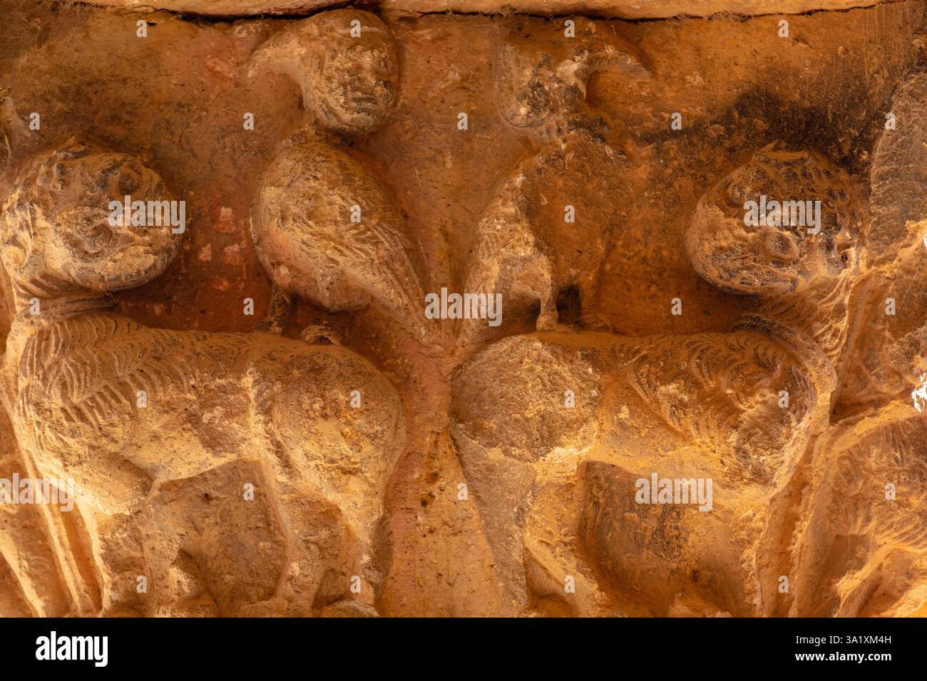Animali fantastici con teste umane, galleria porticata, Chiesa di San Pedro Apóstol, romanica, XII secolo - Monumento storico Artistico Nazionale -, Caracena, Soria, Spagna. Foto Stock