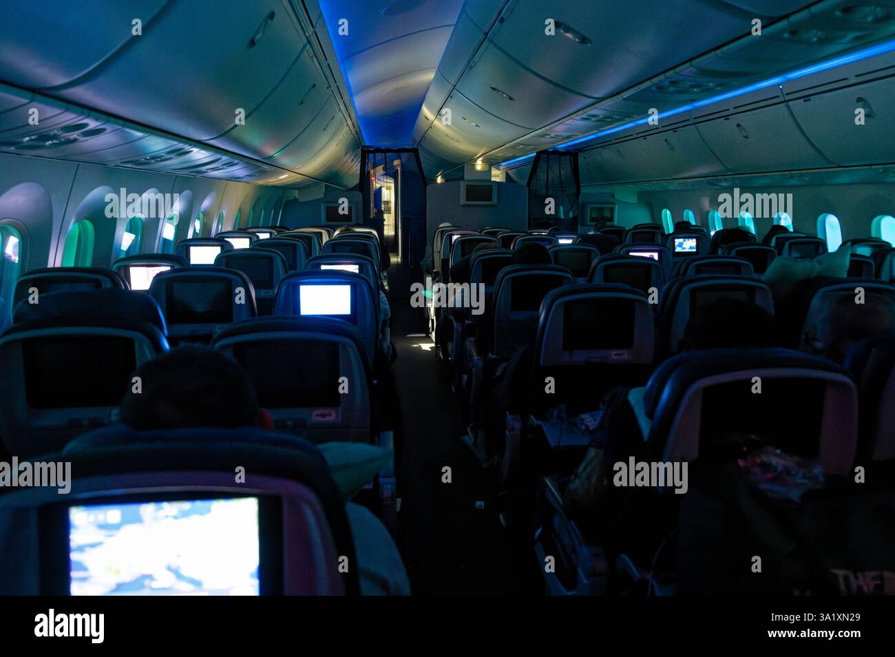 Volo notturno intercontinentale su un Boeing 787-9 Dreamliner Foto Stock