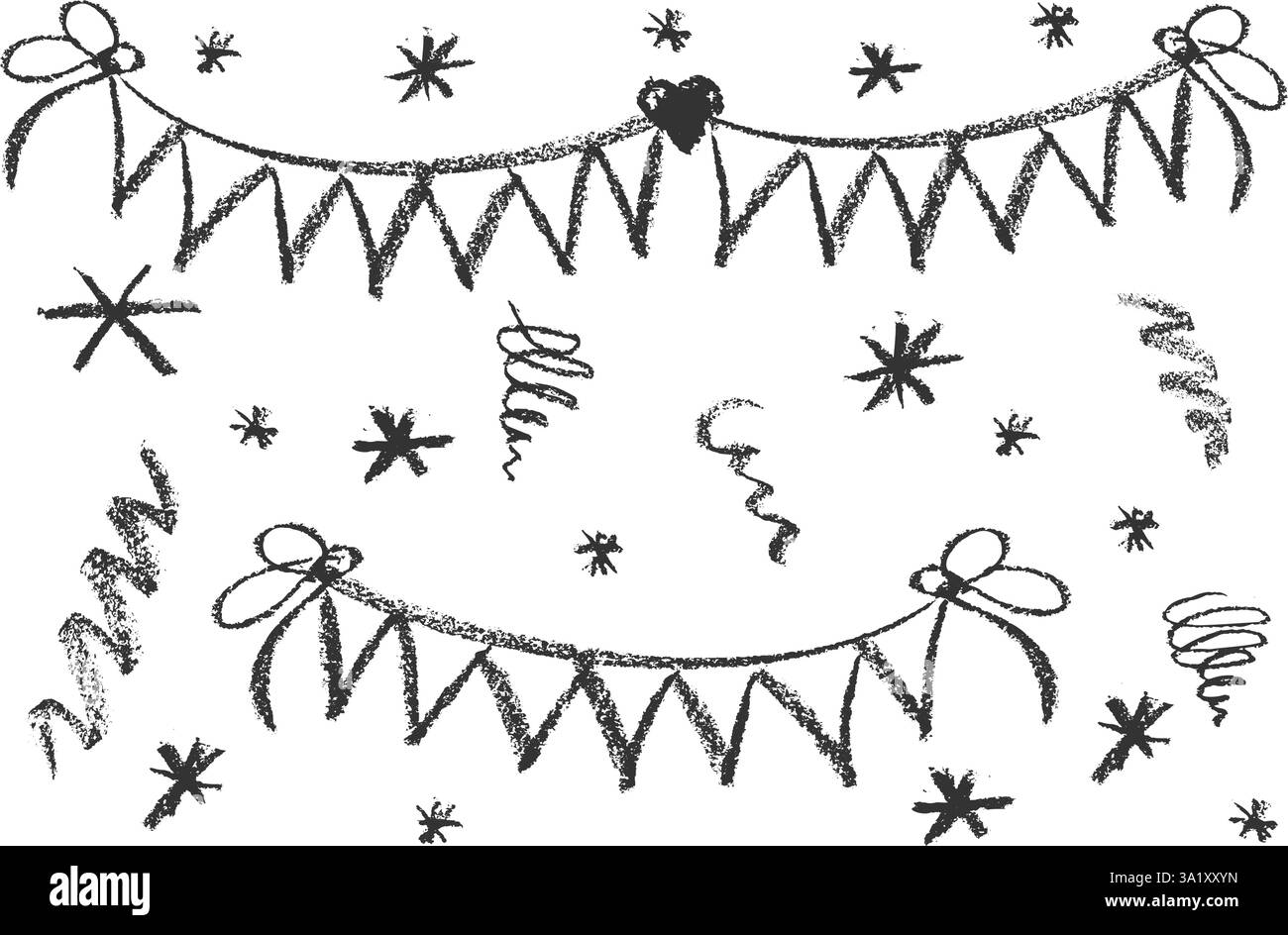 Collezione di doodle disegnati a mano per il compleanno con carbone disegnato a forma di simbol, stile femminile infantile. Disegni a matita elementi neri su sfondo bianco. Vettore Illustrazione Vettoriale