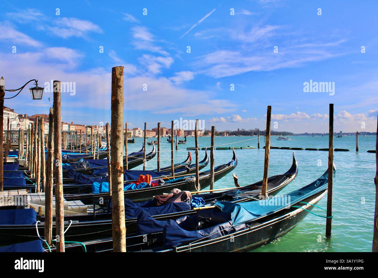 Le tradizionali gondole attraccate a Venezia, in Italia, sotto un cielo azzurro, con pali di legno e acqua turchese che catturano il fascino del Canal grande. Foto Stock