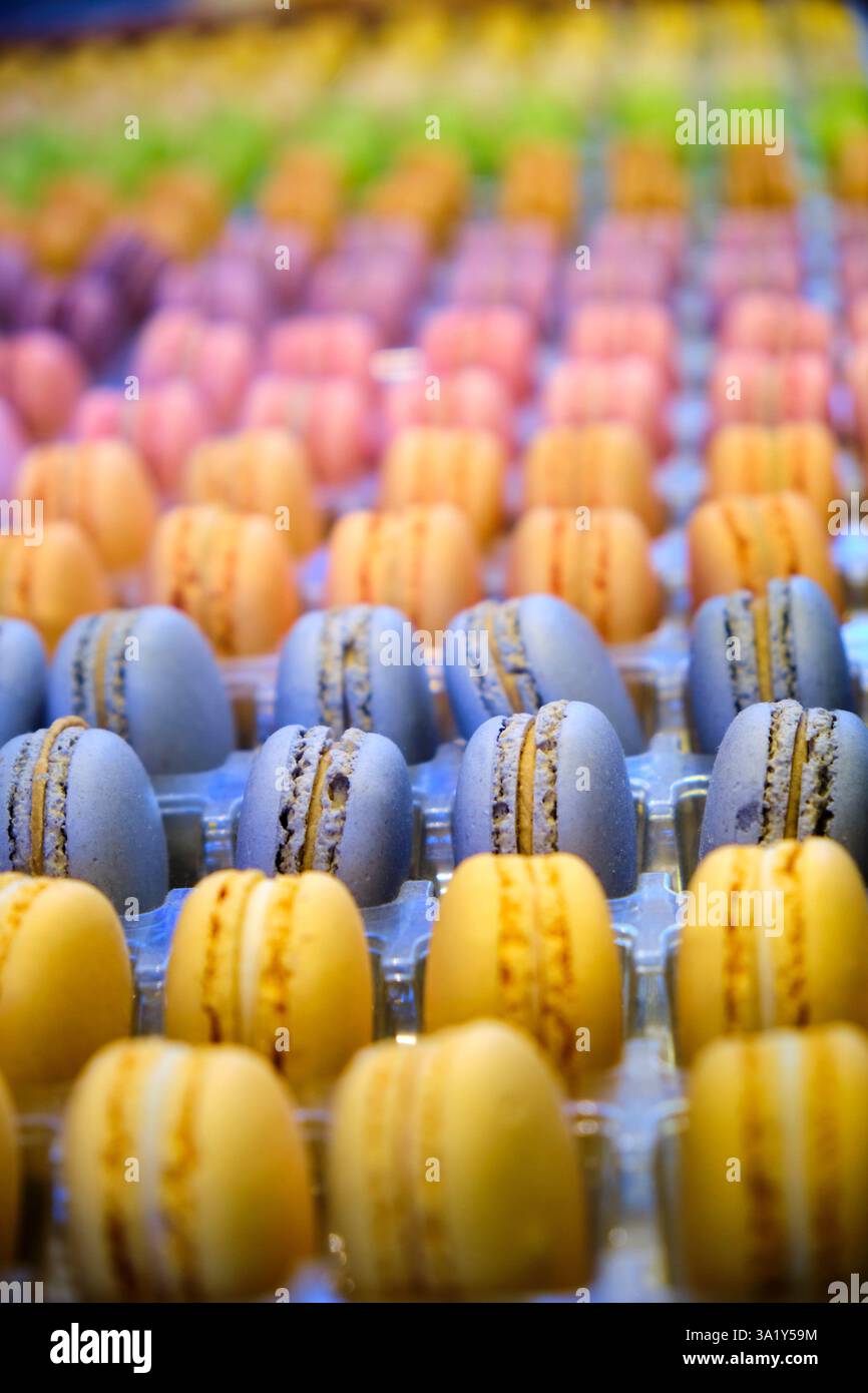 Un vassoio di vivaci e delicati macaron, perfettamente cotti con conchiglie croccanti e ripieni cremosi, una festa per gli occhi e le papille gustative Foto Stock