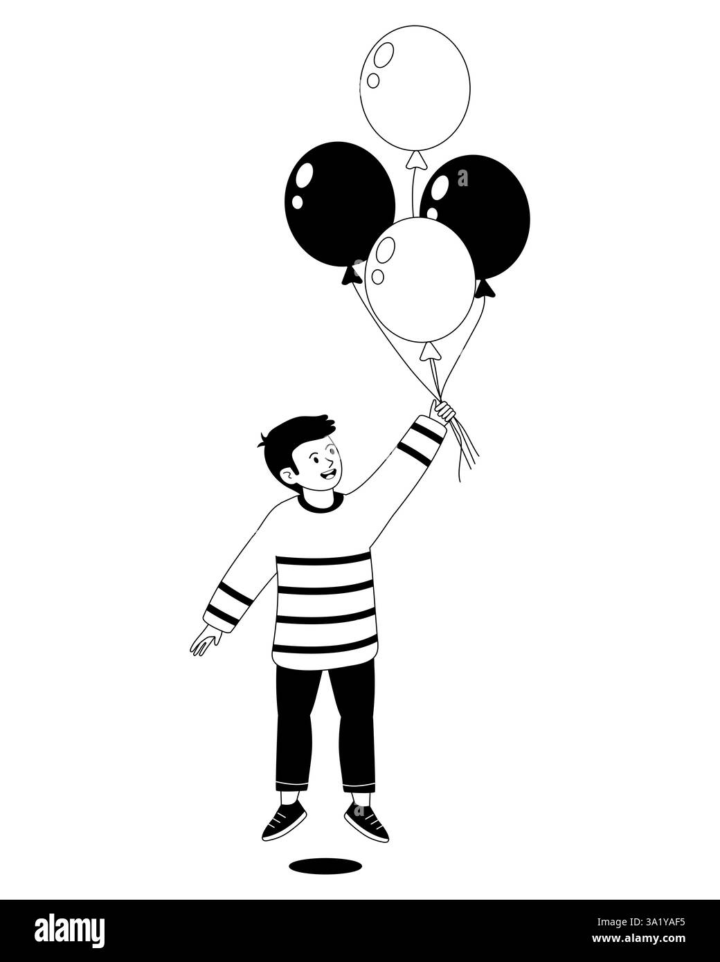 Il ragazzo tiene con gioia palloncini colorati in una giornata luminosa in un ambiente allegro Illustrazione Vettoriale