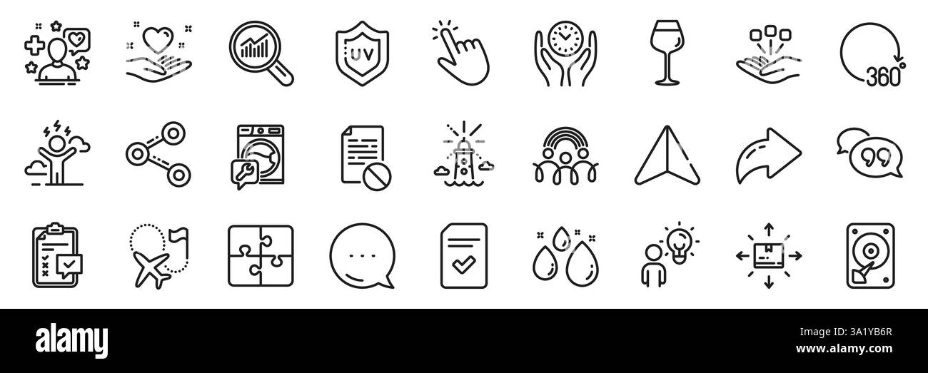 Pacchetto icone indicatore di destinazione, protezione UV e linea di analisi dei dati. Per applicazioni Web. Icone della riga dell'app. Vettore Illustrazione Vettoriale