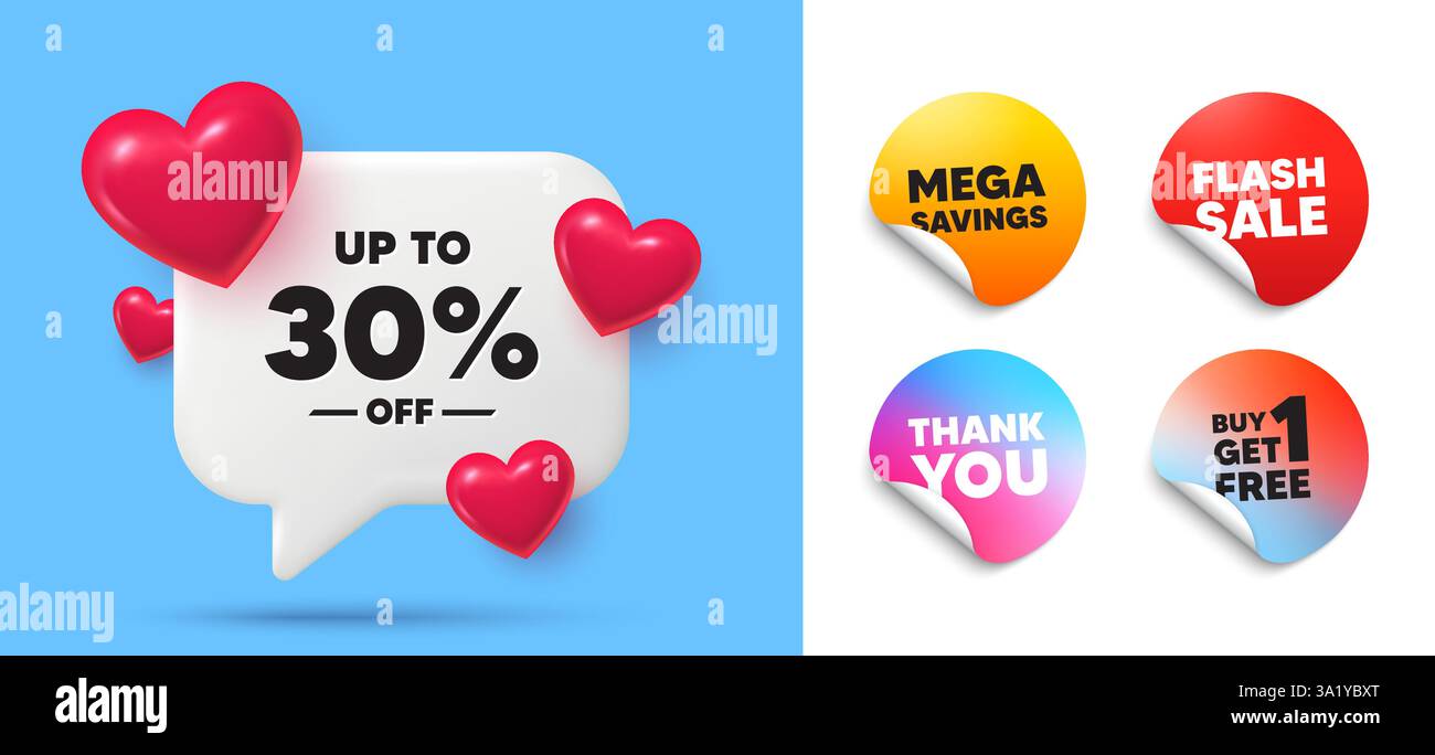 Sconti fino al 30%. Cartello con il prezzo dell'offerta scontata. Bolla, etichette adesive. Vettore Illustrazione Vettoriale