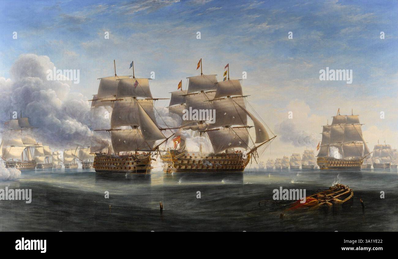 La battaglia di Trafalgar fu un importante scontro navale combattuto al largo delle coste spagnole nei pressi di Cadice. Il risultato fu una grande vittoria per la Royal Navy. Vide la distruzione delle flotte francesi e spagnole e assicurò il dominio navale britannico per il futuro prevedibile. Questo dipinto di James Wilson Carmichael mostra la HMS Royal Sovereign impegnata con la nave ammiraglia spagnola Santa Ana. Foto Stock