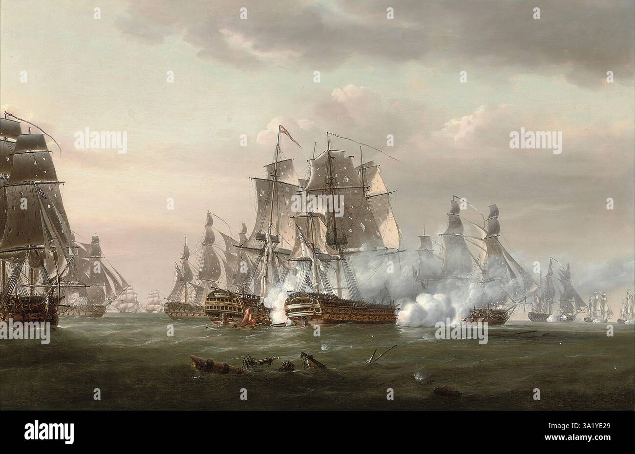 La battaglia di Trafalgar fu un importante scontro navale combattuto al largo delle coste spagnole nei pressi di Cadice. Il risultato fu una grande vittoria per la Royal Navy. Vide la distruzione delle flotte francesi e spagnole e assicurò il dominio navale britannico per il futuro prevedibile. Questo dipinto di Nicholas Pocock mostra la HMS Tonnant impegnata con la nave spagnola monarca. Foto Stock