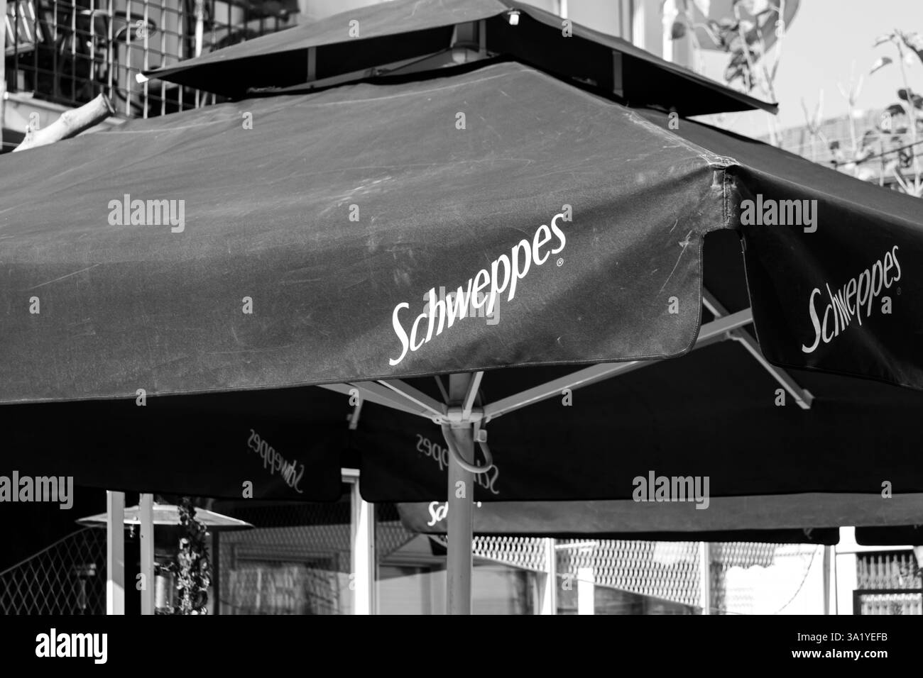 Limassol, Cipro - 20 dicembre 2024: Ombrello all'aperto contrassegnato con il logo Schweppes soft drink brand in bianco e nero Foto Stock