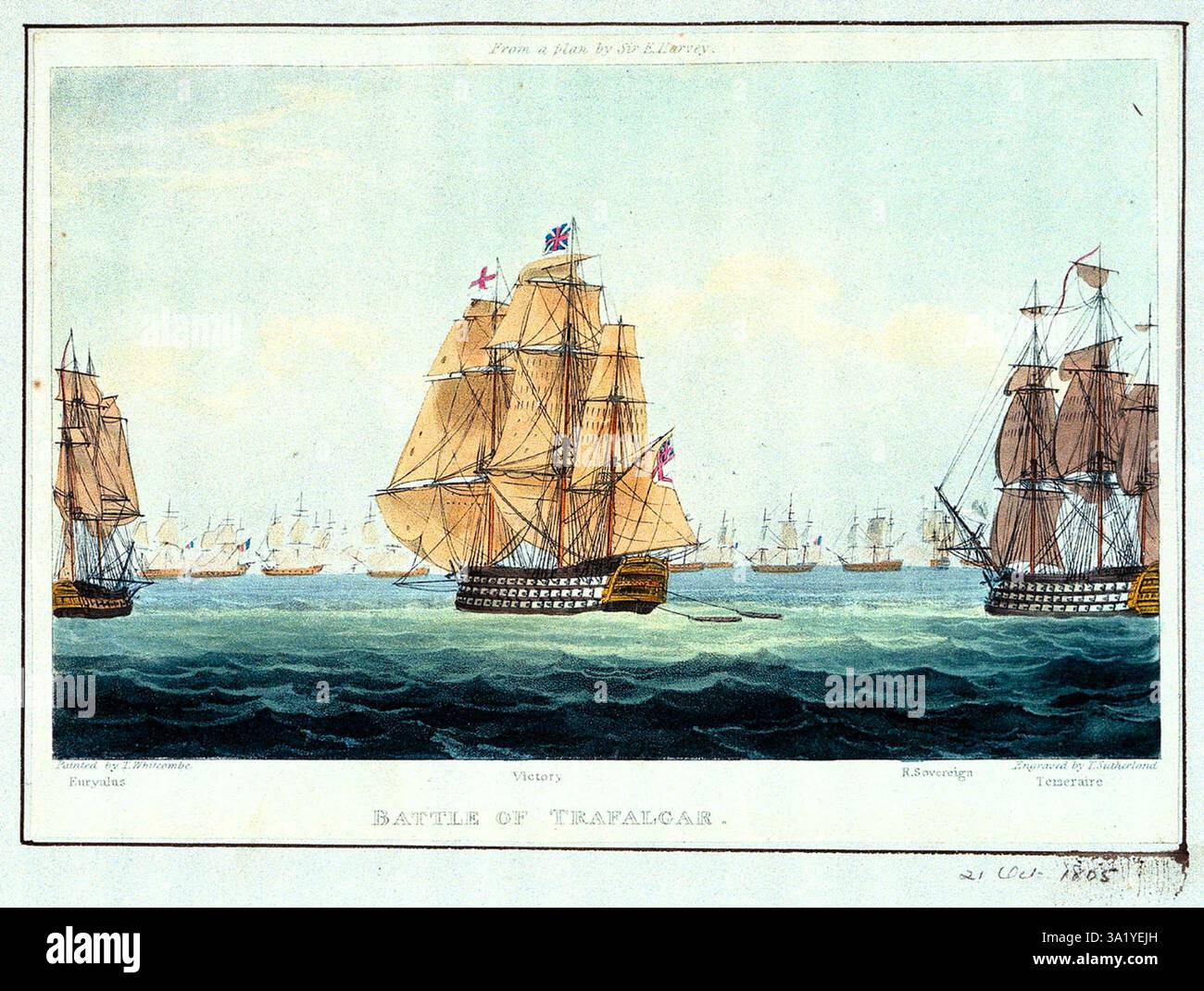 La battaglia di Trafalgar fu un importante scontro navale combattuto al largo delle coste spagnole nei pressi di Cadice. Il risultato fu una grande vittoria per la Royal Navy. Vide la distruzione delle flotte francesi e spagnole e assicurò il dominio navale britannico per il futuro prevedibile. Questo disegno mostra le navi HMS Victory, HMS Royal Sovereign e HMS Euryalus che si dirigono verso la linea francese. Foto Stock