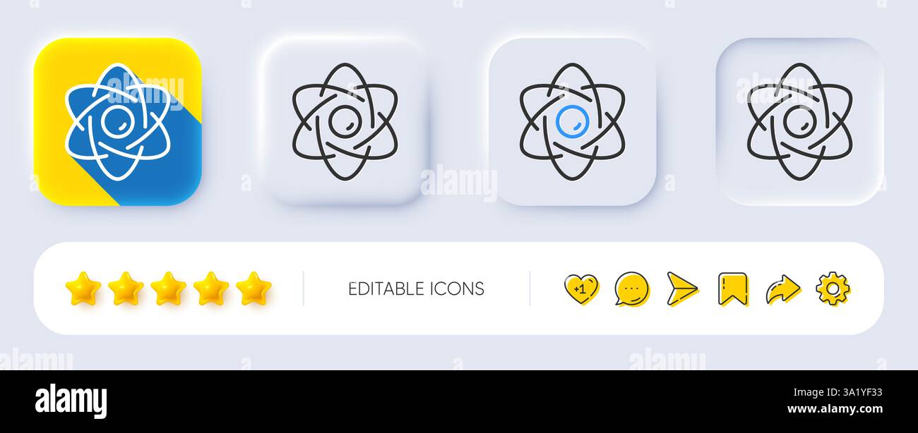 Icona della linea centrale Atom. Segnale dell'energia nucleare. Pulsanti neumorfici. Vettore Illustrazione Vettoriale
