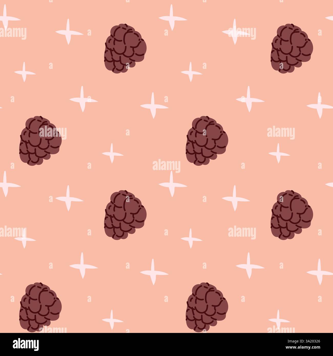 Motivo senza cuciture di more stilizzate e stelle su sfondo rosa. Illustrazione Vettoriale