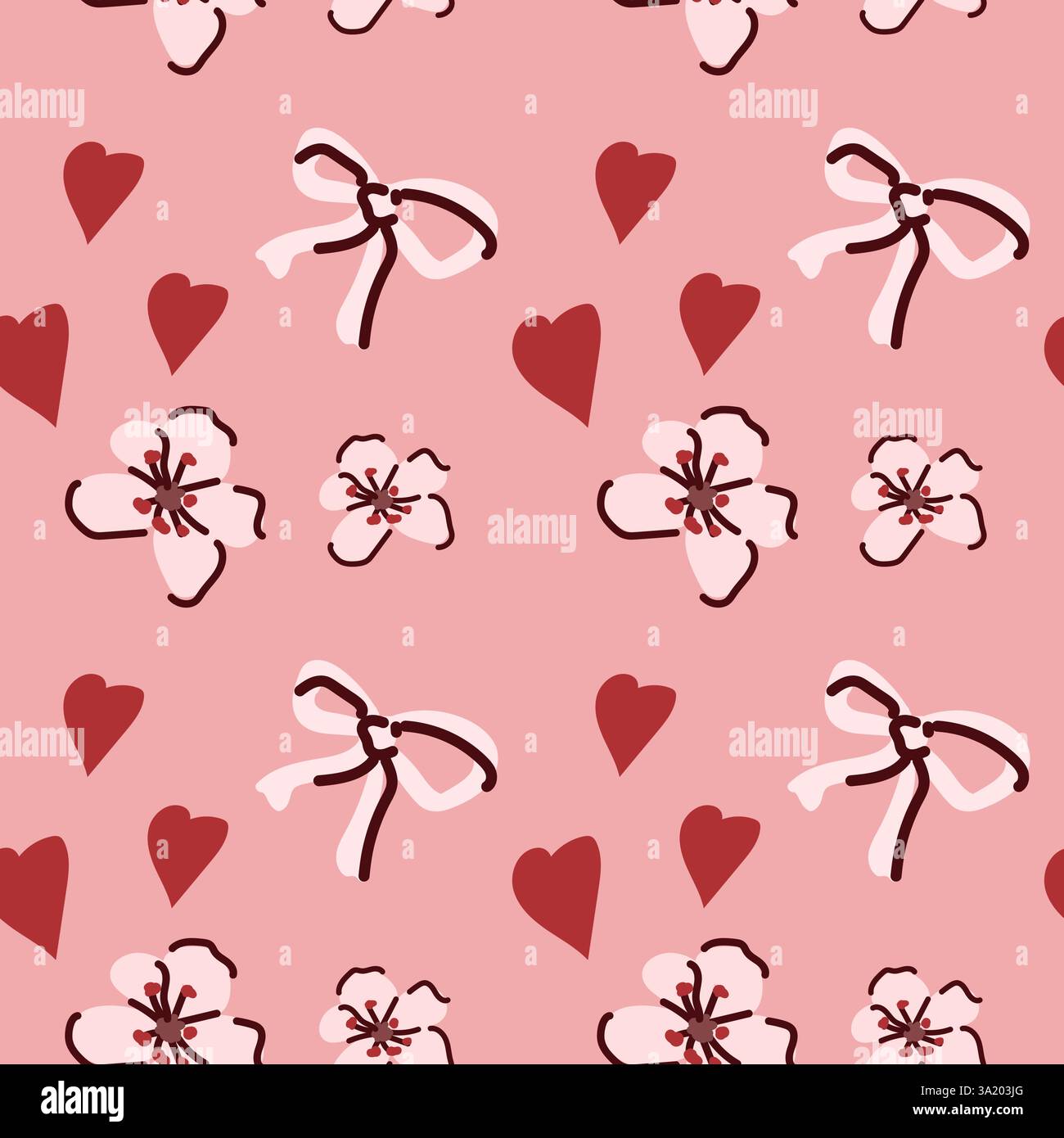 Romantico motivo rosa con archi, fiori e cuori su uno sfondo morbido. Illustrazione Vettoriale